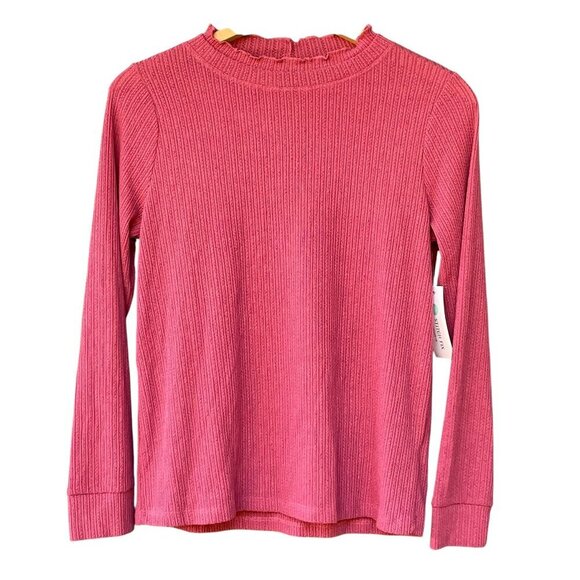 NWT Pink Clover Ribbed Knit Mock Ruffle Neck Top Womens M Raspberry Long Sleeve - Picture 3 of 11